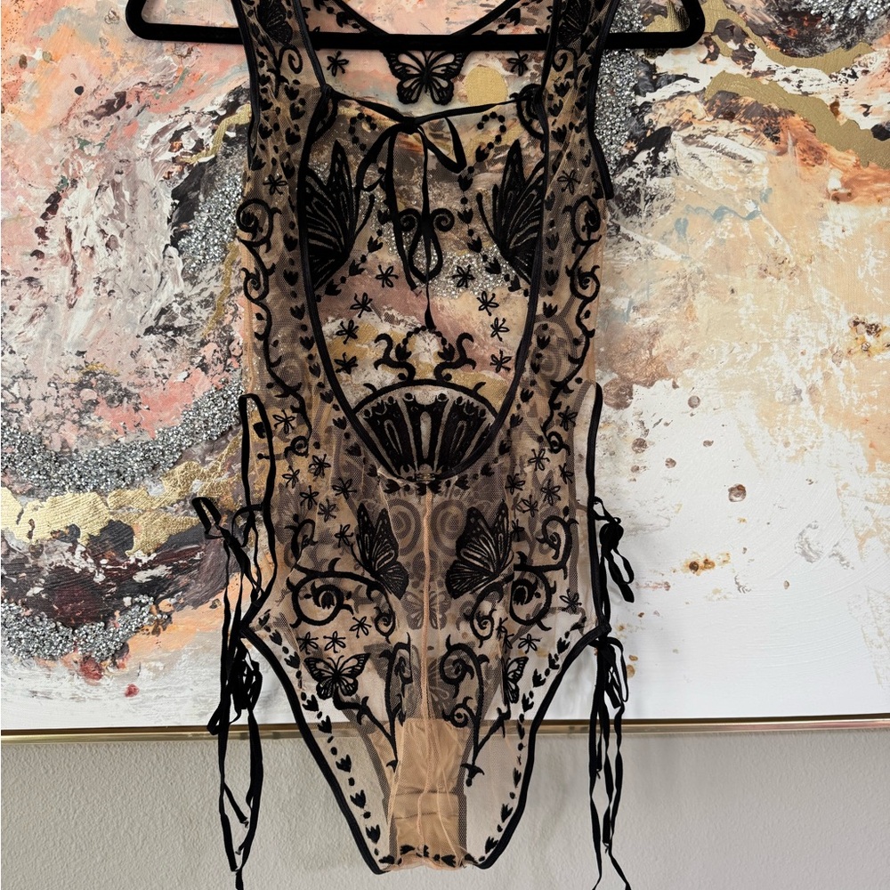 For Love & Lemons Karina Sheer Black Embroidered Butterfly Bodysuit - Picture 12 of 16